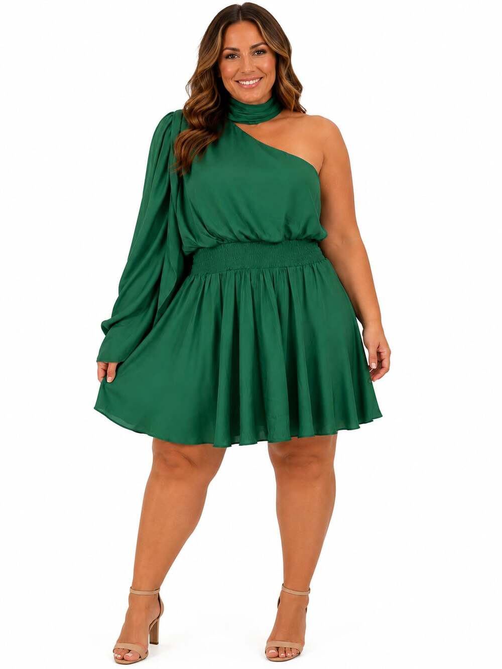 DO+BE Women's One-Shoulder Smocked Waist Mini Dress in Emerald Green